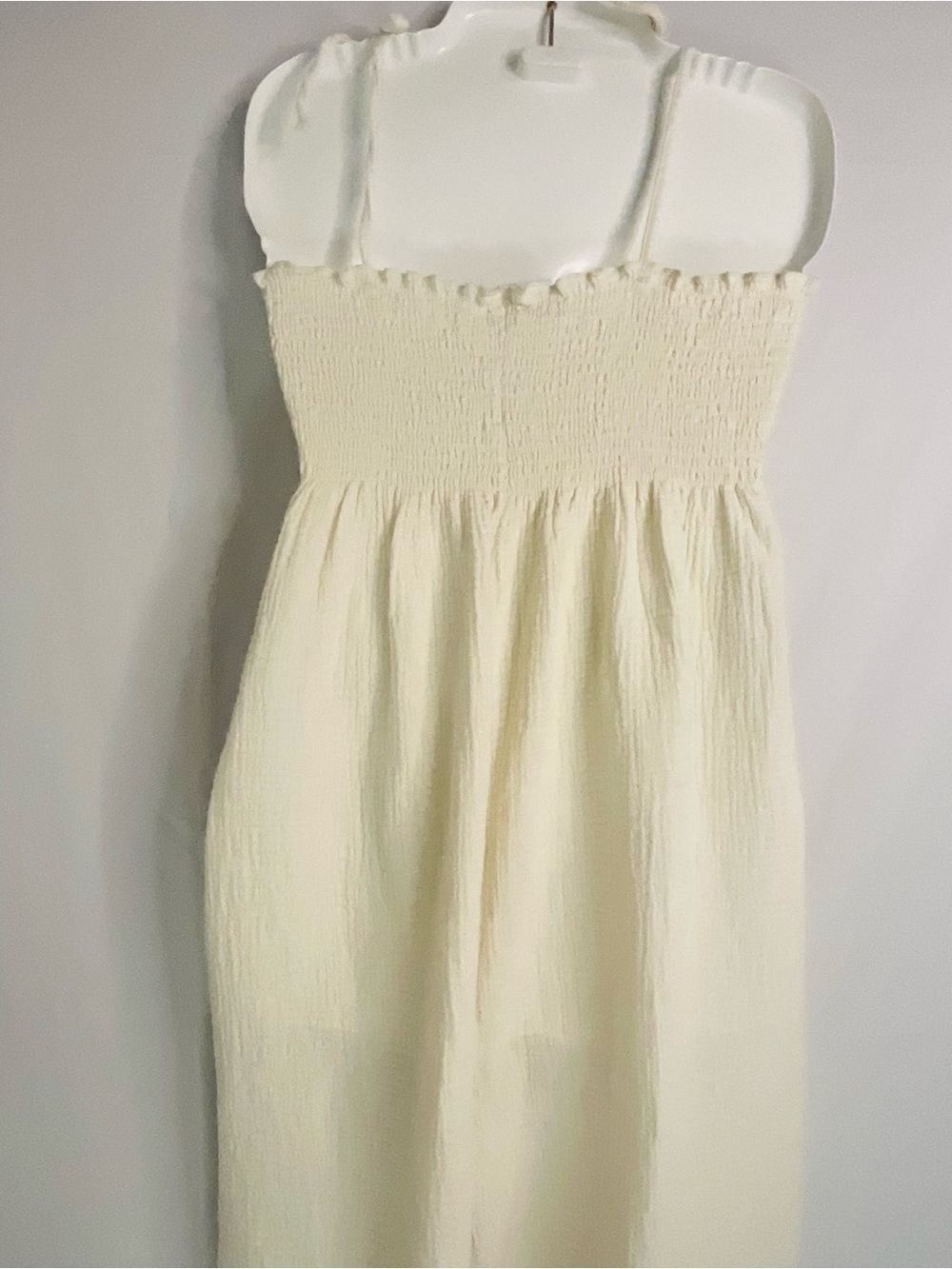 Mable Boho Cream Cotton Gauze Smocked Wide Leg Jumpsuit Tie Shoulder Small Ivory - Picture 8 of 8